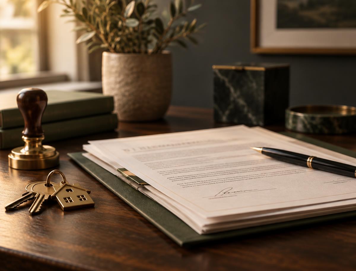 Loan closing paperwork with house keys and a notary stamp on a dark wooden table